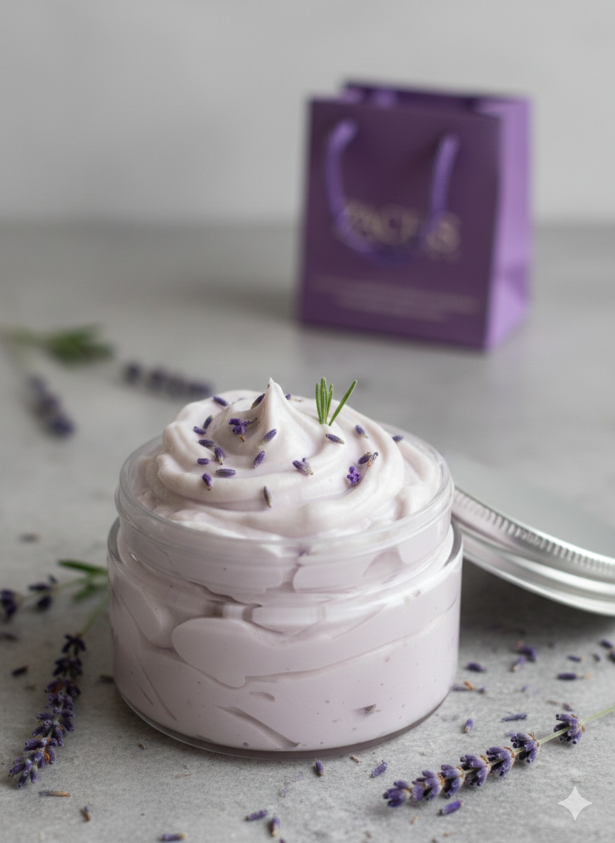 Jar of lavender whipped cream with lavender flowers on a light surface, with a purple gift bag in the background.