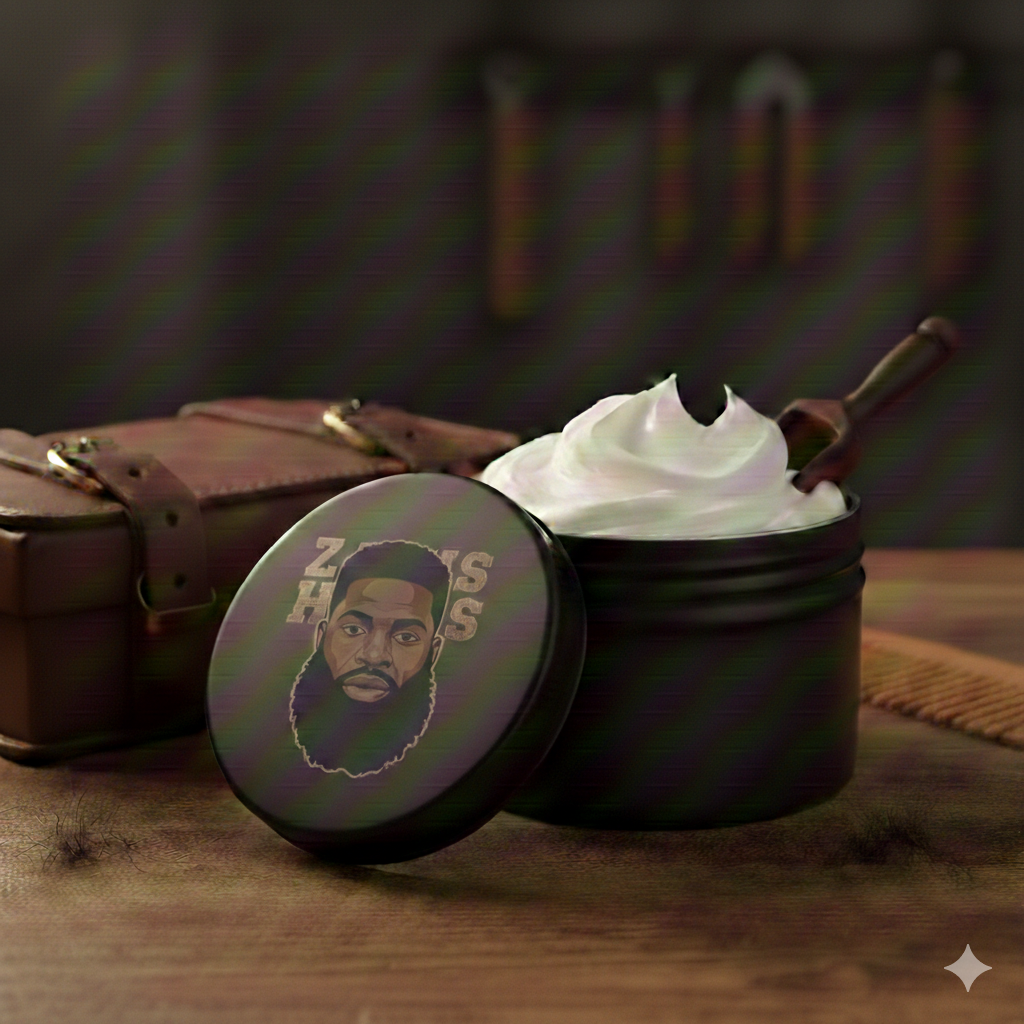 Open jar of white cream with a lid featuring a portrait on a wooden surface.