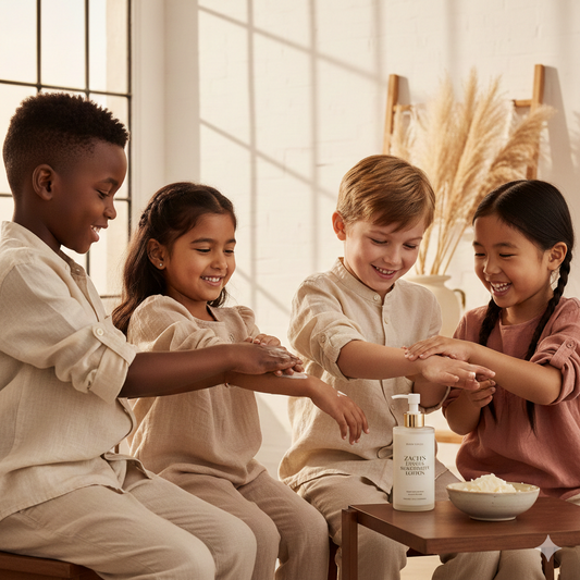 Four children sitting together, with one child holding a bottle of lotion.