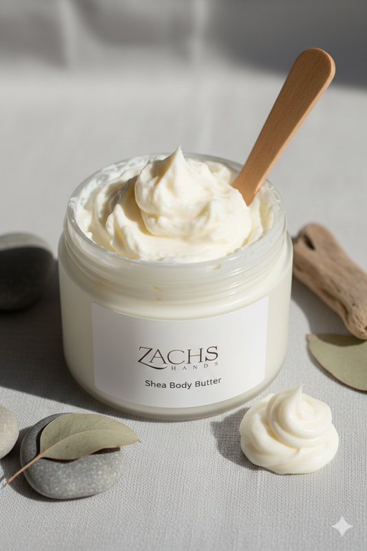 Jar of Zachs Shea Body Butter with a wooden spoon on a neutral background