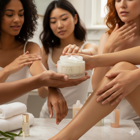 Three women are applying a jar of Zach's body cream to their skin in a bathroom setting.